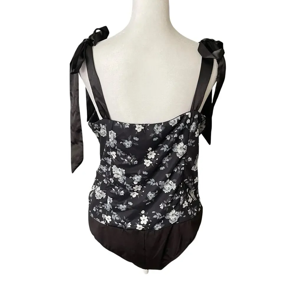 NWT Lulu's Womens XL Bodysuit Tank Top Tie Straps Black Gray Floral Thong Snap - Picture 10 of 13